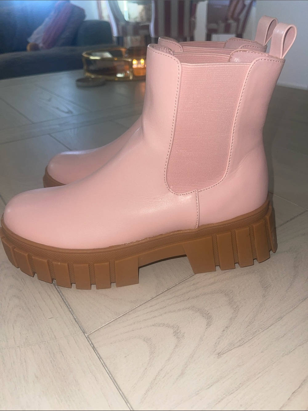 Women’s Pink Chunky Chelsea Booties with Tan Platform Sole